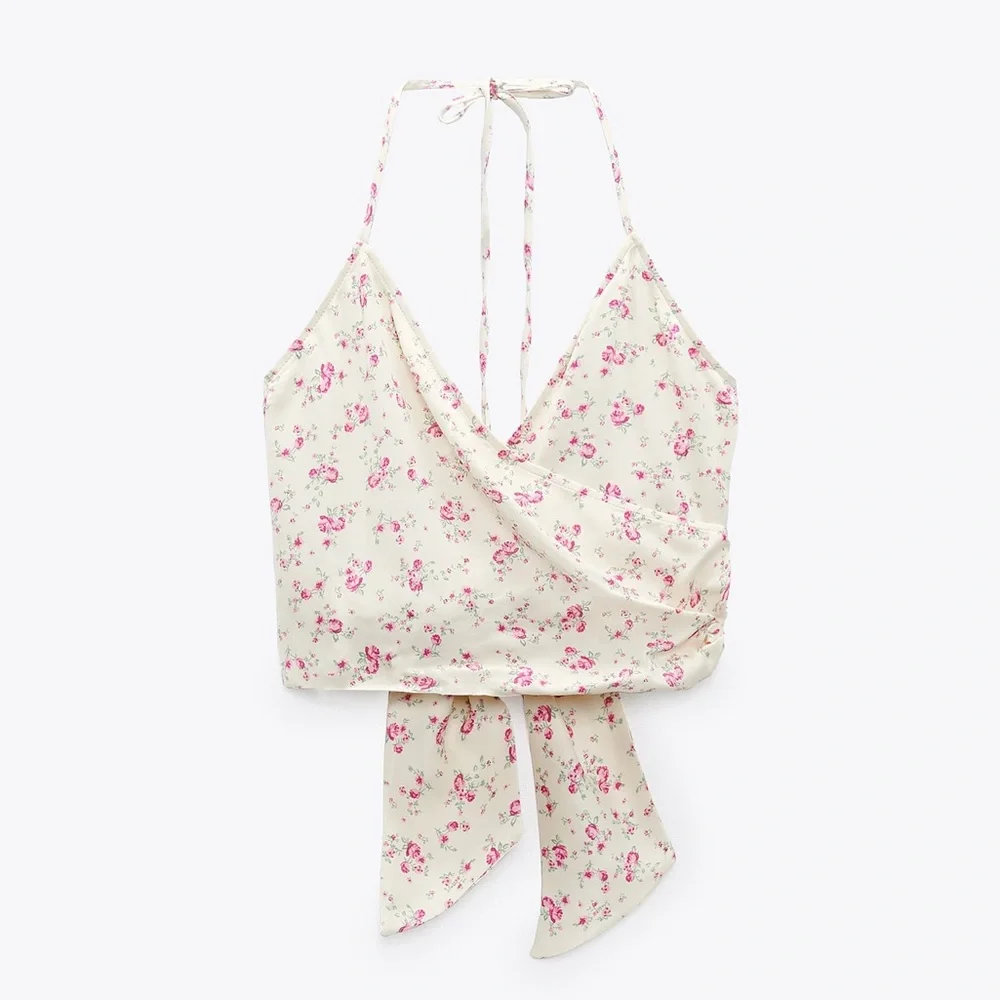 Zara floral draped crisscross cropped halter top
